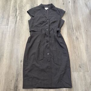 Calvin Klein Gray Sheath Midi Dress Women Sz 8 Button Front Belted Cap Sleeve